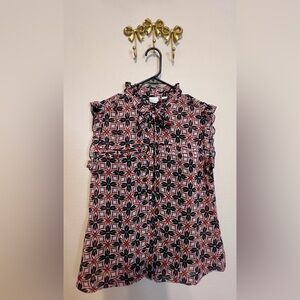 Emma James Geometric Red and Black Ruffled Blouse, Black Shell, & Skirt